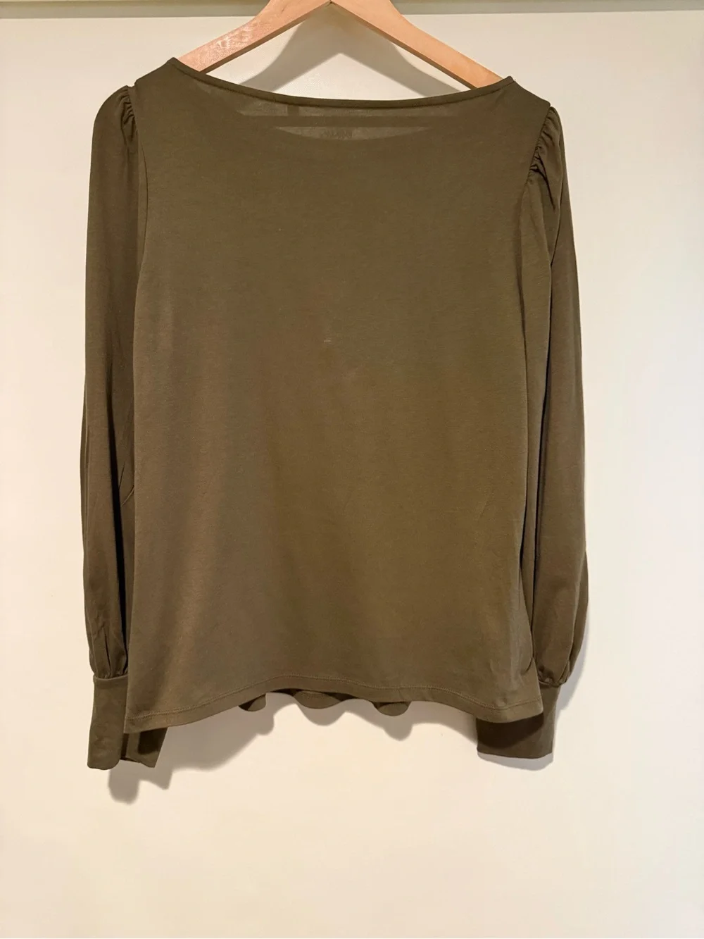 Boden Long Puff Sleeve Olive Green Cotton/modal Jersey Crew Neck Top, size 12
